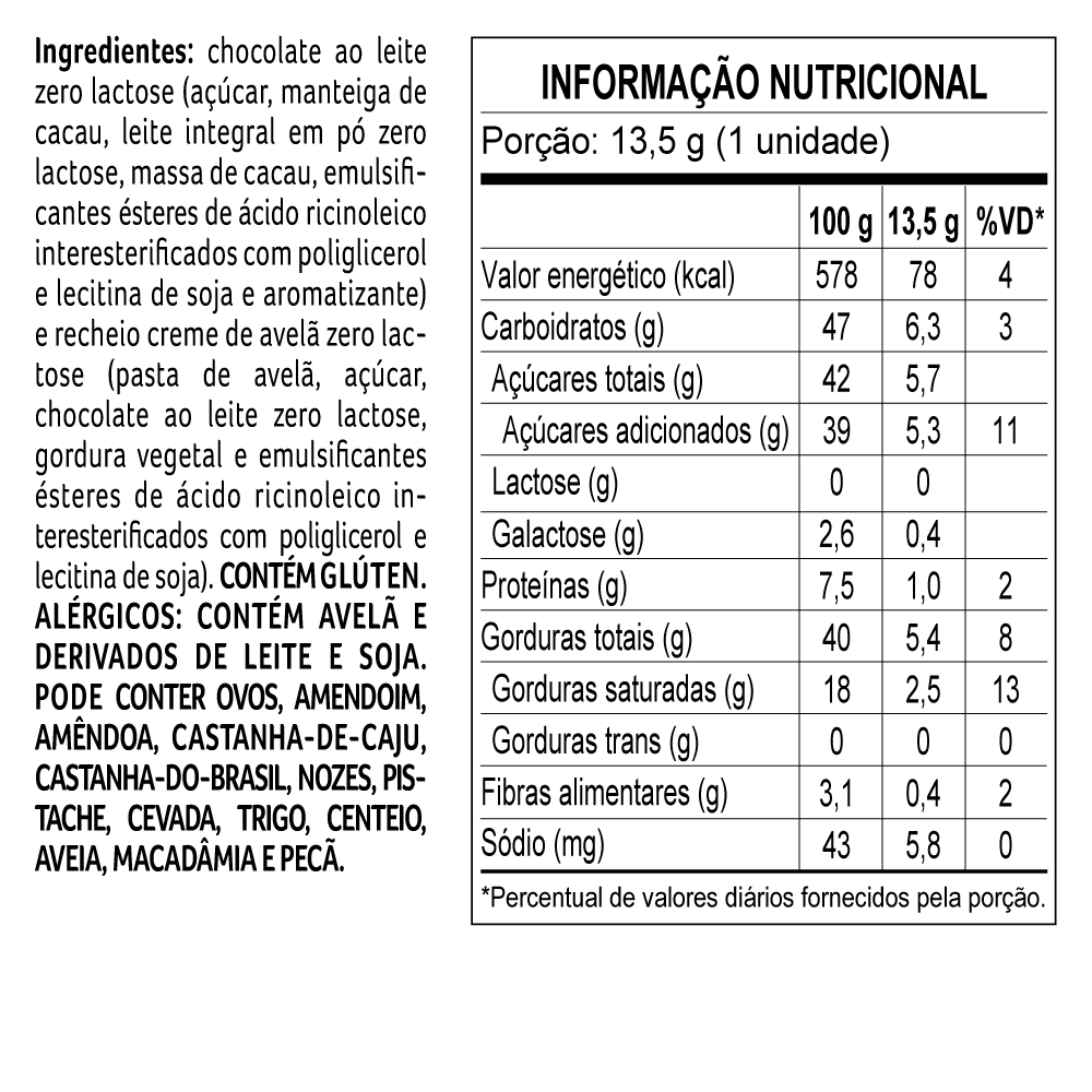 BOMBOM AVELÃ ZERO LACTOSE  13,5G, , large. image number 1